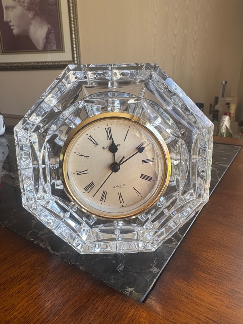 Waterford Crystal Octagonal Mantel Clock - Clear with Gold Trim